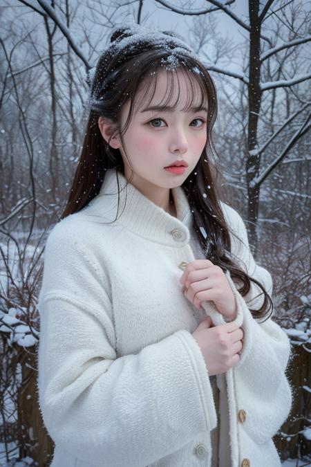 (8k, best quality, masterpiece, ultra highres:1.2) Photo of Pretty Japanese woman in the (style of paul rubens and rebecca guay:1.1) (melancholy winter snow:1.4)