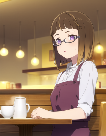 (best quality, masterpiece:1.4), detailed background, detailed face, detailed eye, 1girl, solo, <lora:aria-12:0.6>, (shibuya aria, brown hair, purple eyes, short hair), glasses, dress, indoor, cafe, coffee mug,