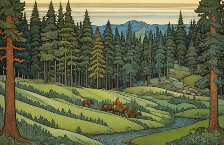 outdoors, forest,field, <lora:Ivan Bilibin Style:1>, Ivan Bilibin Style page,