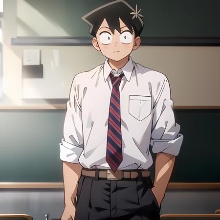 tadano_hitohito, solo, looking at viewer, short hair, shirt, black hair, 1boy, closed mouth, school uniform, standing, white shirt, male focus, cowboy shot, necktie, striped, collared shirt, belt, pants, indoors, black pants, sleeves rolled up, classroom, striped necktie, chalkboard, sanpaku