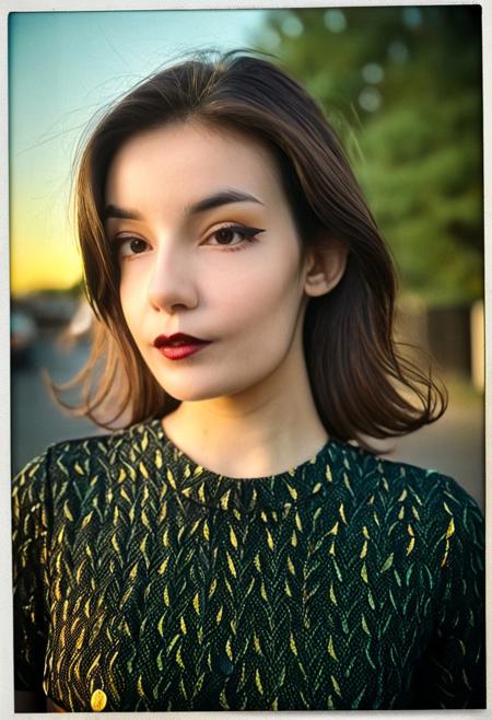 analog film photo of, perfection style, detailed style, skin texture style A (closeup portrait:1.6)cinematic Polaroid photography of a ((Young woman, brunette hair)) black night dress, standing out of a club, winter, cold, film still, sharp, detailed, perfect, perfection style, Kodak, film, fujifilm, technicolor, vivid color, spotlight, amateur photography style, bright light, flash photography style, golden light, sunset, golden hour, over exposed style, Polaroid style, solo, looking at viewer, brunette hair, colourful dress, outdoors, day, mole, blurry, blurry background, depth of field, realistic, photo background, photorealistic, parted lips, faded film, desaturated, 35mm photo, grainy, vignette, vintage, Kodachrome, Lomography, stained, highly detailed, found footage