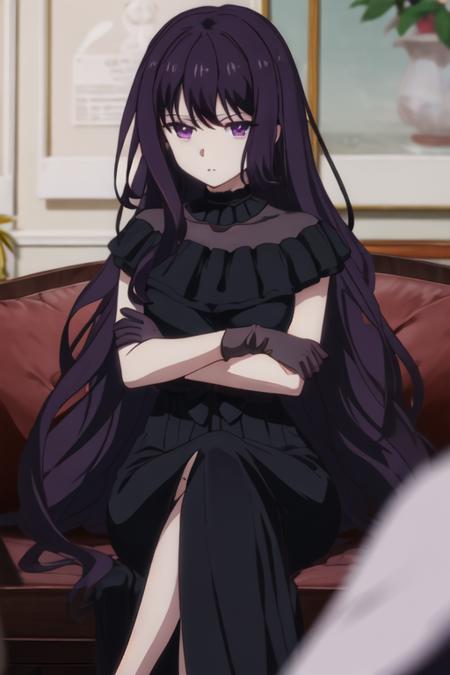 best quality, masterpiece, highres, solo, {tilty_claret_tenseioujototensaireijounomahoukakumei:1.15}, long_hair, bangs, purple_hair, purple_eyes, black_hair, blurry, 1girl, black_dress, black_gloves, dress, gloves, crossed_arms, indoors, very_long_hair, crossed_legs, sitting