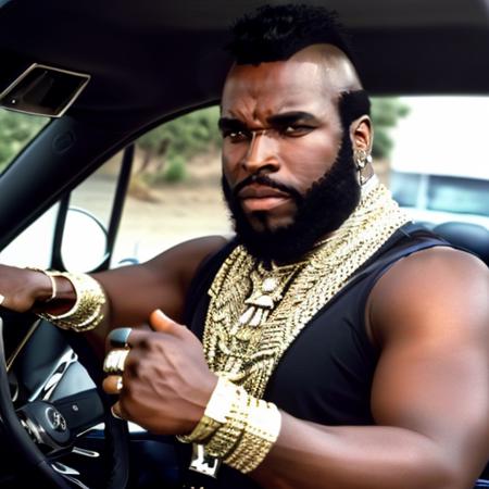 a man driving a car, full body<lora:MrTLora:0.8> male focus, realistic, dark skin, facial hair, beard, black hair, manly, jewelry, mohawk, bracelet, Highly detailed, masterpiece, best quality, photorealistic, looking confused