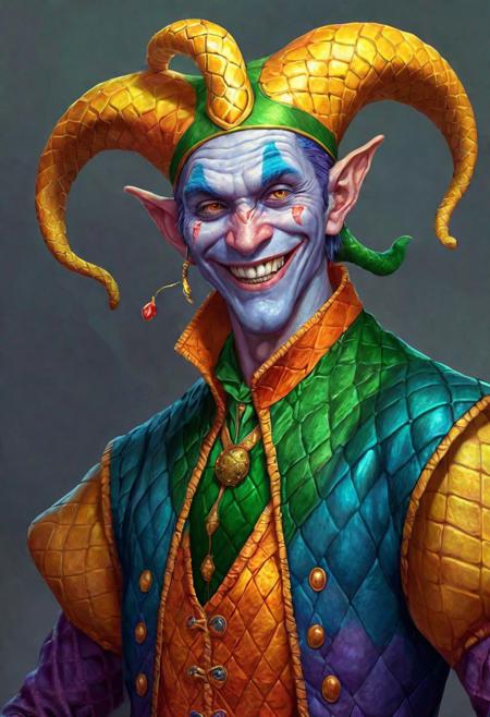trickster, snake-elf, not smiling, smile scars in his scales, jester, joker, yuan-ti, fantasy, colorful and vibrant, whimsical pencil illustration, highly detailed, high quality, intricate, D&D character, bard, digital painting, artstation, concept art,