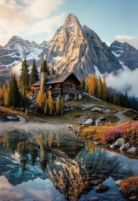 their peaks veiled in mist. mixed media, surrealism, great lighting, A surreal landscape highly detailed . extremely high-resolution details,  appears trapped in an optical illusion of reflections and refractions colorful , mountain cabin, professional photography, natural lighting, volumetric lighting maximalist. intricately detailed, complex, elegant, expansive, fantastical, film photography style,  medium grain