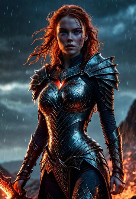 Ultra detailed digital art masterpiece Warrior vapmire girl dressed in a iron Armor and winter coat, Standing on a bloody and stormy battlefield, standing in combat pose, dark fantasy medieval Town, perfect lighting, beautiful Sadie Sink as Warrior vampire girl, attractive woman, elegant, sinewy athletic body, unreal engine 5 nanite quality, mixed with dark elements, dark environment, very cold winter night, clean dark velour witch clothing, LOTR style, dark washed out eyeliner, no make up, natural pale bloody face, realistic blue eyes, ultra detailed atmospheric details, beautiful glowing effects, sparkle effects, realistic body proportions, beautiful face proportions, complex masterpiece, wavy red hair, creative glowing detailed tattoos, complex physics, enhanced colors, complimentary colors, ultra detailed raytracing reflections, Ultra detailed complex background, environment feels alive, direct eye contact, dramatic lighting, wet and sweaty skin, beautiful firm Breasts, Concept art portrait by Greg Rutkowski