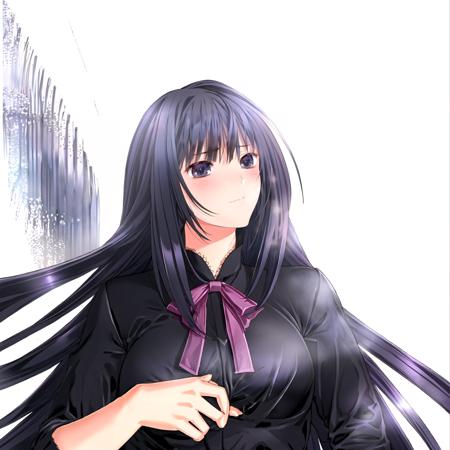 ev17tgmjev17tgmj, transparent_background, solo, 1girl, black_hair, long_hair, looking_at_viewer, upper_body, long_sleeves, black_eyes, bowtie, put hands on the breast, upper body,  <lora:Ever17Jiu:0.8>, outdoor, sunlight, sunny, flower,