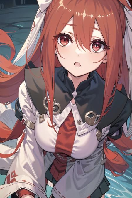 eulalia, long hair, brown hair, hair ornament, facial mark, (red eyes:1.5), skirt, thighhighs, pleated skirt, detached sleeves, wide sleeves, chain, red thighhighs,