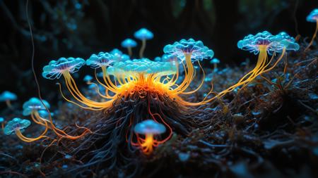 macro photography, (bokeh), (made of tiny glowing neon glass filaments:1.2), glowing,  <lora:World_of_Glass_Filament:.8>
an exotic alien forest, with multicolored foliage, bioluminescent plants that light up the night, a dense canopy that filters the sky into a kaleidoscope of colors, slime_mold, Physarum polycephalum streaming along as it forms a plasmodium with many nuclei without individual cell membranes, <lora:DonMM4ch1n3W0rldXL:0.2> <lora:sdxl_mythicalclouds:1>