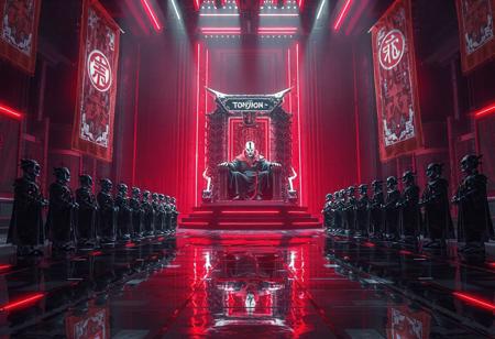Sketch of TONTON REVOLVER - ArtStation. A line of powerful envoys, augmented nobles, and masked corporate lords kneel in silence before the towering Cyber Shogun seated on his glowing throne.
The throne room pulses with deep red and cold white neon, casting long shadows over the polished obsidian floor.
AI-controlled banners ripple with animated imperial glyphs.
The Shogun, emotionless and supreme, watches from above — flanked by twin sentry drones and armored retainers.
The atmosphere is ceremonial, terrifying, elegant: cyberpunk feudalism meets hypermodern statecraft.
Ultra-detailed, cinematic lighting, high-tech royalty, cyberpunk Japan, intense contrast, sharp reflections, futuristic luxury, 8K realism.