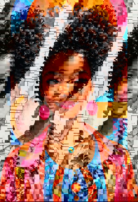 Graphic novel watercolor portrait of an Afro-American woman with an afro and large hoop earrings, softly smiling. She wears vibrant 70s-inspired clothes, set against white bricks with surreal mirrored accents. Bold pinks, oranges, and blues ripple like stained glass, creating asymmetrical patterns with a textured finish. Dynamic and celebratory