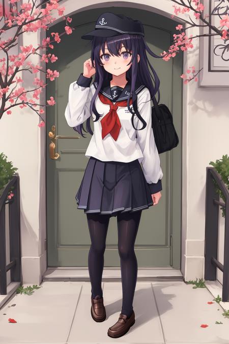 masterpiece, best quality,1girl, solo, long hair, akatsuki, hat, pantyhose, school uniform, serafuku, skirt, purple eyes, hair, black pantyhose, neckerchief, purple eyes, red neckerchief, pleated skirt, anchor symbol, looking at viewer, shoes, flat cap, loafers, standing, full body, <lora:xiao:1>