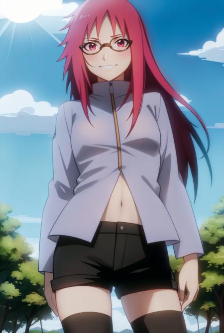 <lora:Karin:1>,outdoors,forest,nature,anime screencap, anime coloring,sun,day,clouds,
solo, 1girl,red hair, glasses, long hair,  cowboy shot, red eyes,,standing,  looking at viewer, black-framed eyewear, smile, small breasts,smirk,facing viewer,jacket,midriff, shorts,black shorts, zettai ryouiki, black thighhighs, long sleeves,