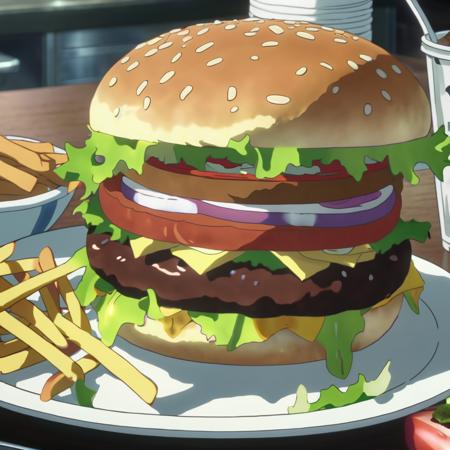 anime screencap in mnst artstyle of an extremely detailed hamburger, hd, 4k, high-quality