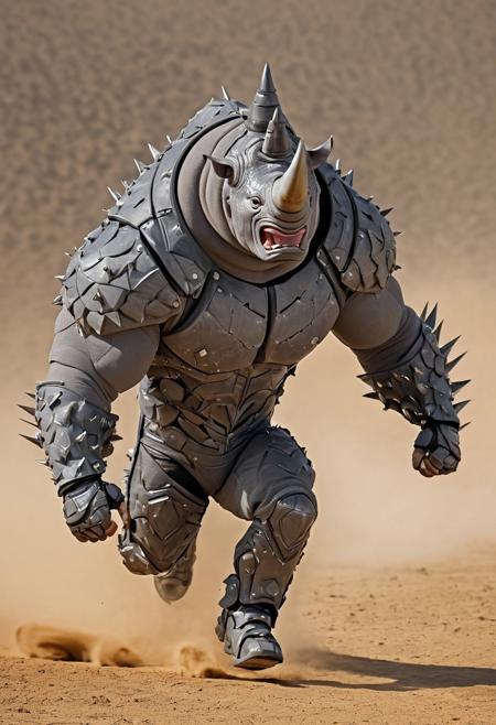 lazypos, the Rhino, 1boy, solo, grey gloves, black eyes, spikes, armor, bodysuit, big biceps, 6 pack abs, forged carbon skin and armour, raging, running towards viewer, dynamic, motion lines, dramatic, surreal, ground shaking,