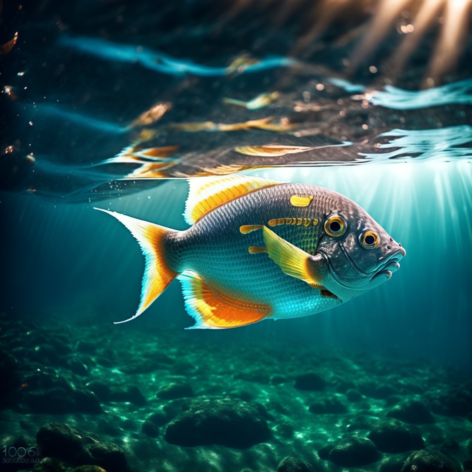 Photograph of fish underwater in the ocean <lora:JourneyLoRA:1>, (good composition), (in frame), centered, 8k, 4k, detaile...