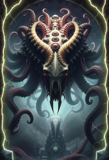 A colossal eldritch horror emerging through a crackling dimensional gateway, its writhing mass of tentacles and impossible geometries defying reality. Multiple eyes of varying sizes pulse with ancient knowledge, scattered across its biomechanical form. Chitinous plates and ethereal membranes shift and fold in ways that shouldn't be possible. The creature's central mass features a bone-white skull-like structure with curved horns that spiral in fractal patterns. Tendrils of dark energy seep from the portal's edges, while bioluminescent patterns trace alien symbols across its surface. Dramatic rim lighting emphasizes its otherworldly silhouette, with volumetric fog swirling around the threshold. The portal itself bleeds reality-warping energy, creating distortions in the space around it. Centered composition, sharp focus, dark fantasy art style with cosmic horror elements, hyper-detailed textures.