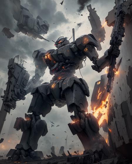 best quality,masterpiece,highly detailed,ultra-detailed, 
ac6, solo, android,robot,mecha, 
one eye,glowing eye, mechanical arms, black gloves, sunglasses, huge airplane wings,glowing sword, 
holding gun, looking ahead, mecha, military, no humans, non-humanoid robot, robot, science fiction, solo, weapon ,assault rifle, fighting stance, dynamic pose, backpack,helmet
bulletproof vest, glowing eye, full armor,  
dark sky, cloudy sky, smoke, 
blurry background,  <lora:AC6:0.8>