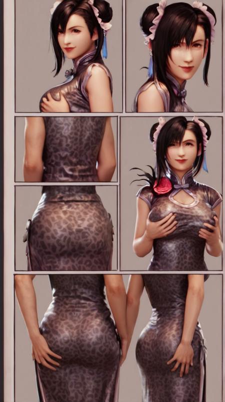 tifa_lockhart tifa_lockhart, 1girl, chinese_dress, Qipao, flower, hair buns,  fishnet thighhighs, high heels,