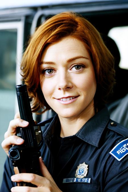 highly detailed front view photo, natural woman, high quality photo, perfect details and textures,  perfect composition, perfect lighting, <lora:xxalyhan-16:1> policewoman xxalyhan holding a gun, redhead, messy short hair, perfect eyes <lora:more_details:0.5>