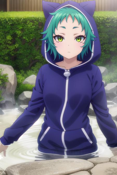 yaya fushiguro, short hair, (green eyes:1.3), green hair, long sleeves, hood, hoodie, animal hood, track suit, cat hood,
