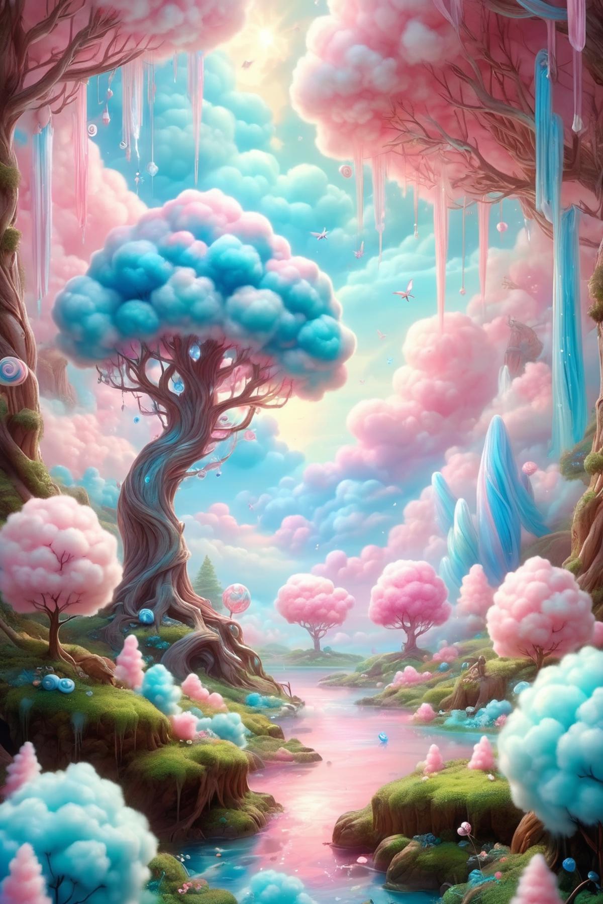 A Dreamy Landscape of Clouds, Trees, and Pink and Blue Flowers