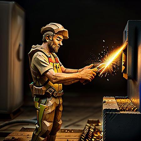 Wooden worker shooting lightning from his hands, 8k extreme detail, Outside, standing next to a metal machine, realistic, perfect, no mistakes,