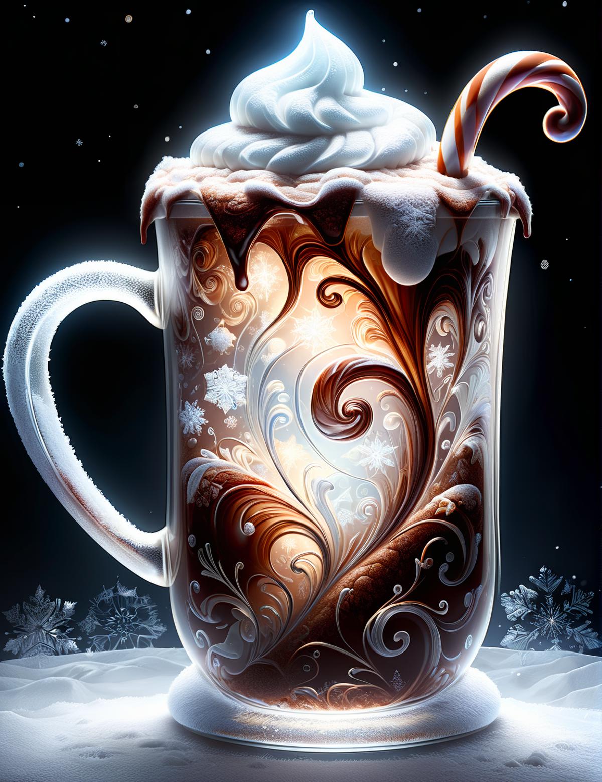 The image features a large, fancy coffee cup filled with a delicious hot chocolate drink. The cup is adorned with a whimsical design, including a candy cane and a snowflake, giving it a festive and holiday-themed appearance. The cup is placed on a table, ready to be enjoyed by someone who appreciates a warm and visually appealing beverage.