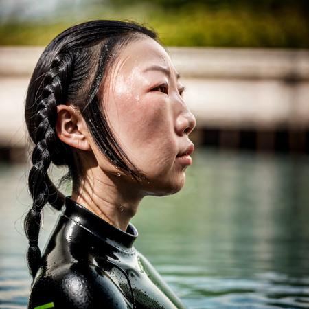 closeup, portrait of a chinese woman, black wetsuit, black hair, plait, looking neutrally, (head turned to the viewer:1.5), side view 30°, headshot, 50 yo, high quality, detailed face, pale skin, waterdrop on the tip of her nose, whole head