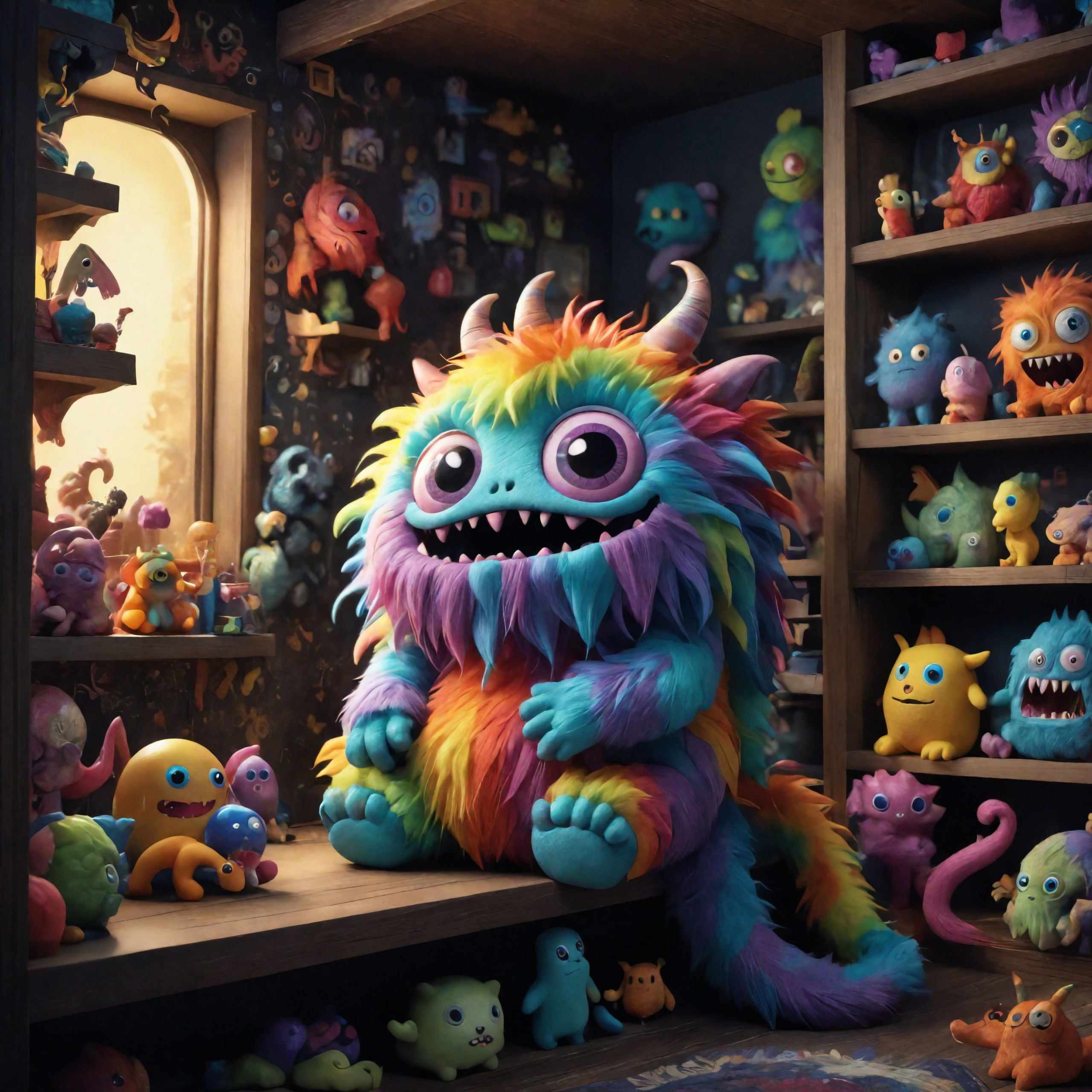 A colorful creature with a purple and orange face is sitting on a shelf surrounded by various other stuffed animals.