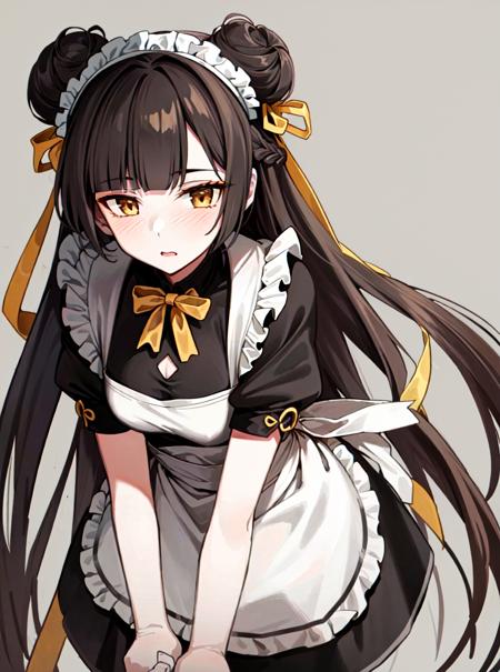 <lora:CHAR Li Dailin:0.8>, 1girl, yellow eyes, black brown hair, double bun, long hair, hair ribbon, maid dress, solo, masterpiece, best quality, intricate details,