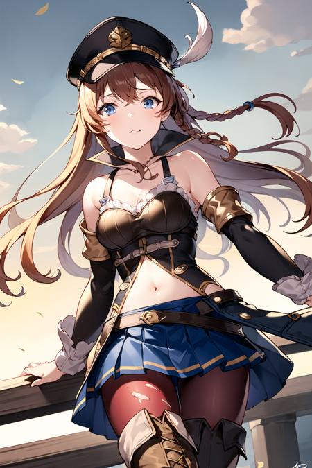 best quality,masterpiece,
1girl, solo,boots, skirt, blue eyes, long hair, pantyhose, navel, torn clothes, sheath, brown hair, pleated skirt, braid, thighhighs, blue skirt, peaked cap, thigh boots, miniskirt,detached sleeves