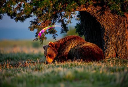 Professional wildlife photograph of a brown bear sleeping under a tree in the late evening, with a slight lense flare effect from the setting sun