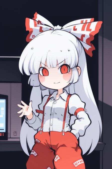 cha, 1girl, chibi, (fujiwara no mokou:1.2), (cowboy shot:1.2), cyberpunk, metal, glass, high tech, chiaroscuro neon, computers