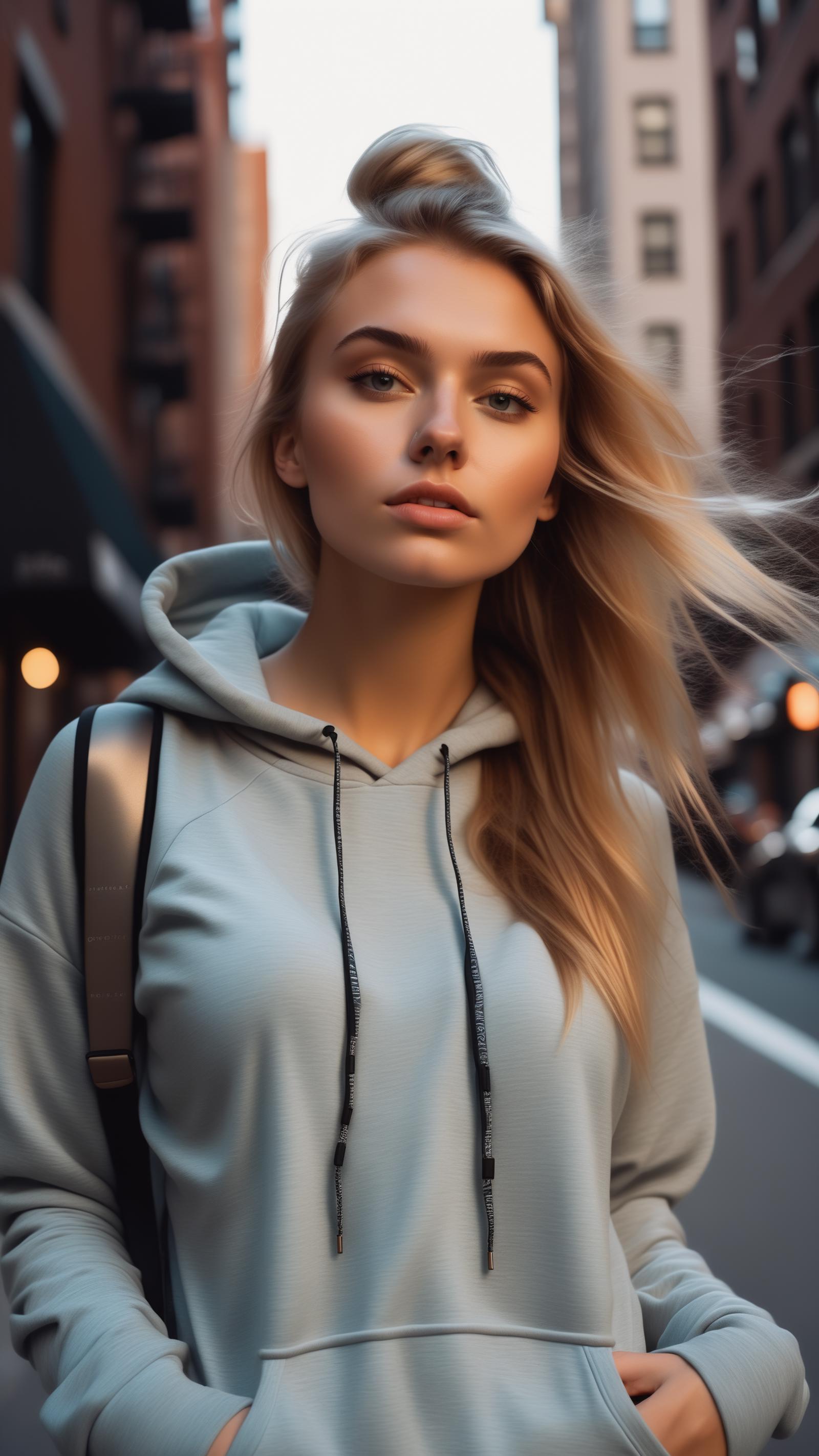 A young blonde woman wearing a hooded sweatshirt and holding a purse.