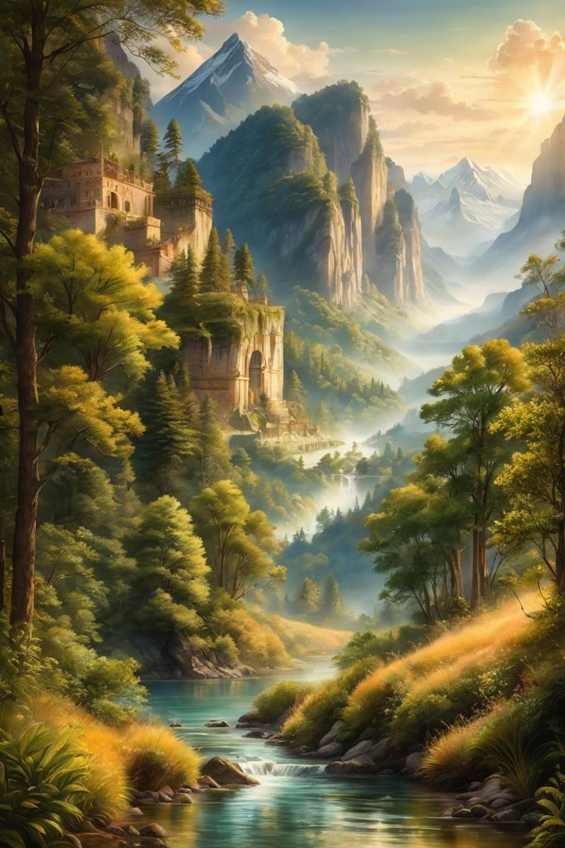 A Painting of a Mountainous Landscape with a River and Trees
