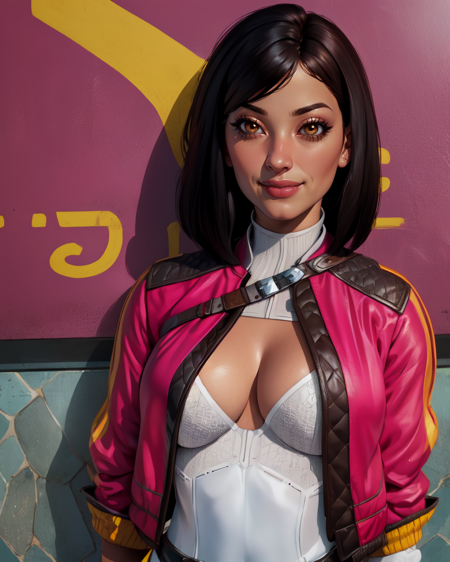 rcronin,black hair,brown eyes,
white top,pink jacket,cleavage,gloves,
smile,
standing,upper body,
1980s \(style\),
(insanely detailed, beautiful detailed face,  masterpiece, beautiful detailed eyes, best quality),<lora:ronin:0.7>,