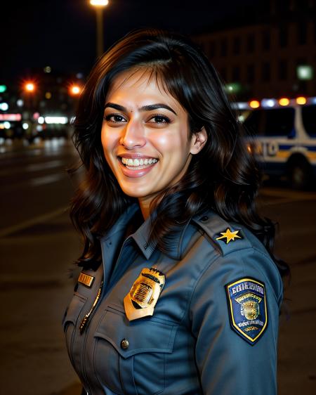 professional portrait photo of a 30-year-old woman, desimocha, conservatively dressed in NYPD Police uniform, laughing expression, solo, anatomically accurate, night time, city bokeh lights   <lora:Desi_Coffee_V3_SD15_LoRA_prodigy_local_regs:1>
