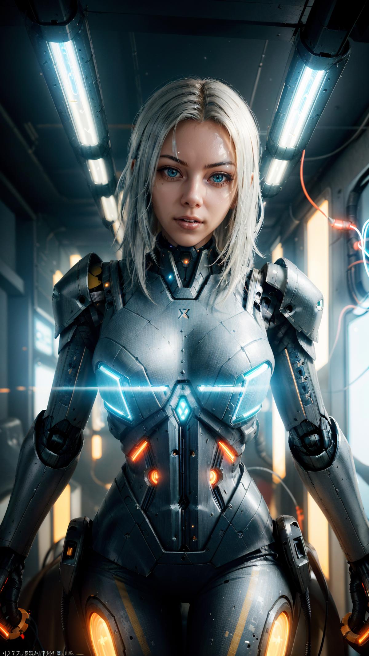 Futuristic Robot Woman with Blue Eyes and Blonde Hair.