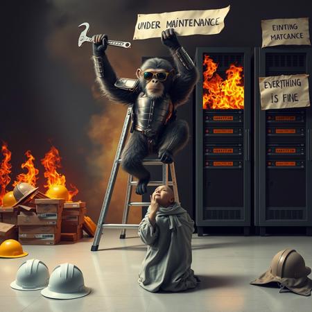 realistic, realism, surreal, monkey wearing sunglasses in armor holding a wrench, breakdancing up side down on a step ladder, in front of burning server machine, server is on fire. there are hard hats and pizza boxes on the floor, a monk is kneeling in prayer on the floor. a paper sign on the ladder say "UNDER MAINTENANCE\nEVERYTHING IS FINE"
