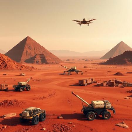 red dirt, Mars, flying construction equipment building massive red pyramids, ground constructon equipment processing red dirt, red dirt blocks being moved by robotic construction equipment. wide-area shot
Bottom Image caption: "MARS COLONY 1"