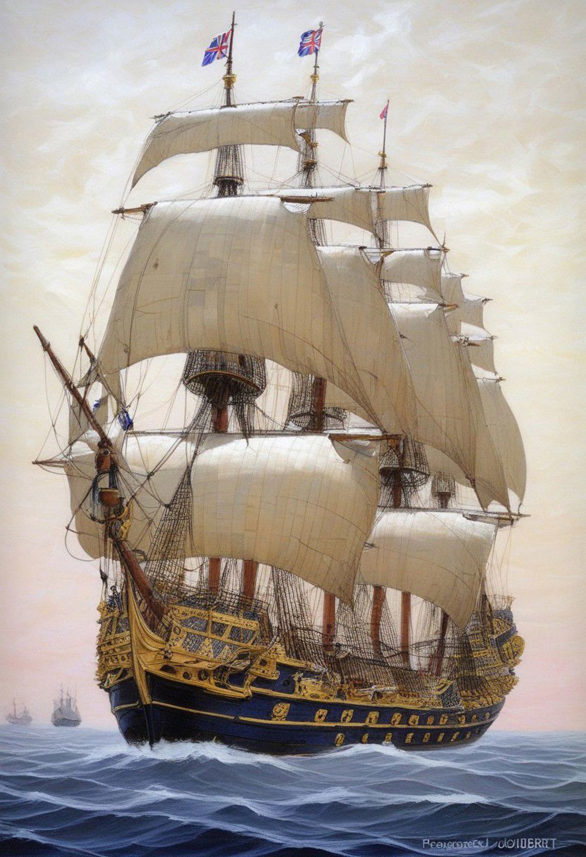A large blue and white sailboat with several masts and sails in a painting.