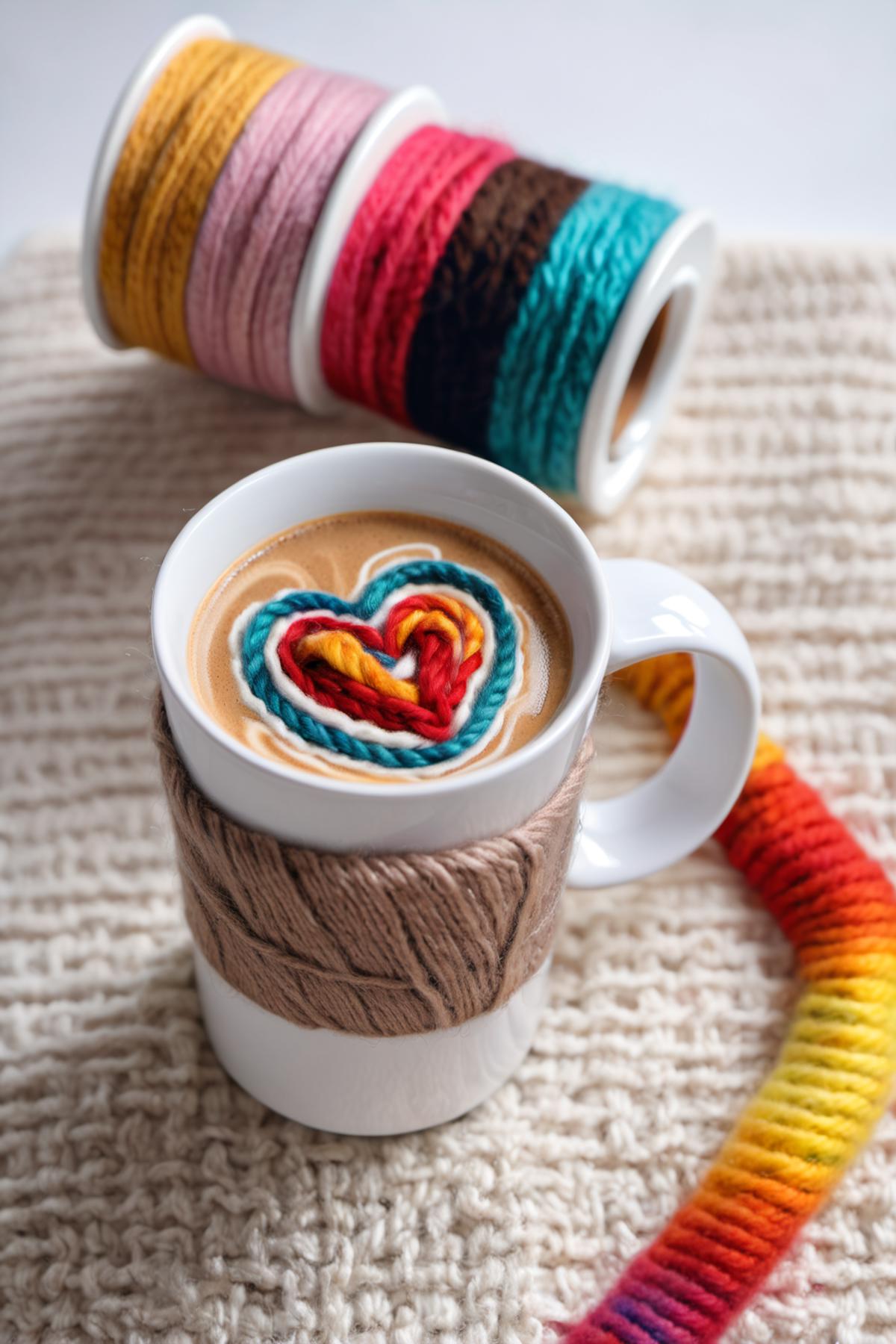 A cup of coffee with a heart made of yarn on a white background.