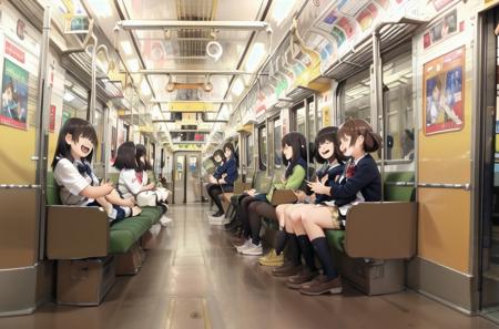 best quality, ultra-detailed, illustration,
JNR205, train interior, indoors, scenery, multiple girls, sitting, school uniform, train, smile, laughing, 
 <lora:JNR205_SD15_V3_DIM4:1>