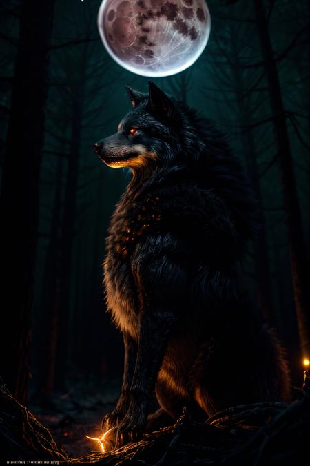 Fenrir, Big bad wolf, dark fur, big bad wolf , Blood Moon, Night, Trees, Yellow glowing eyes, Sharp image, howling, Very Very Very Big,, intricate, elegant, highly detailed, digital painting, artstation, concept art, smooth, sharp focus, illustration, art by wlop, charlie bowater and alexandra fomina, ((Cinematic))<lora:more_details:1.0>