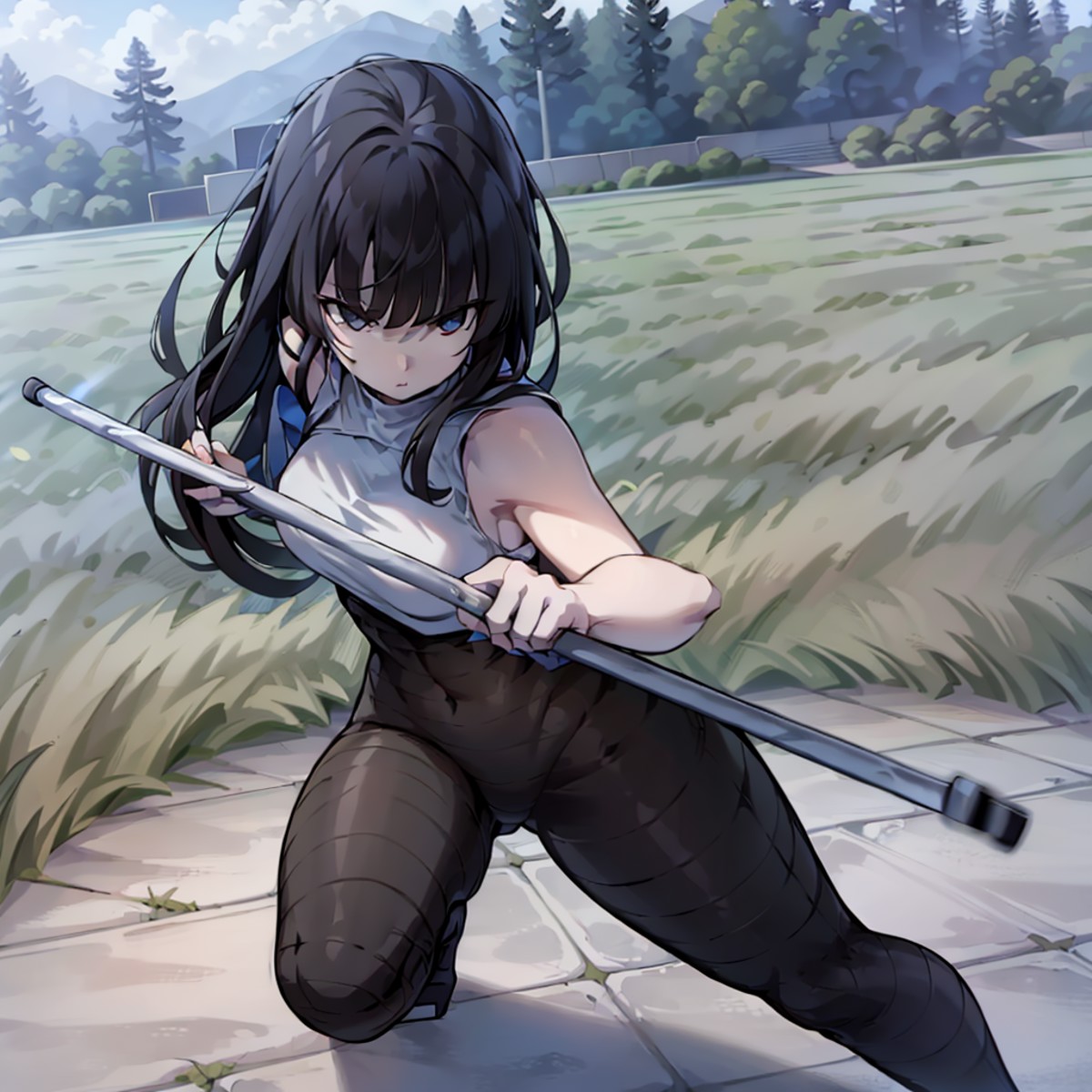 1girl, costume1, (holding weapen:1.3), fighting stance, from above, white croptop, blue tapes
outdoors, center of field, t...
