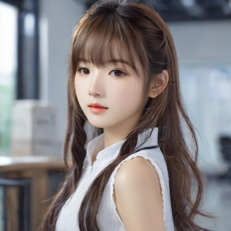 1girl, child,cute face,solo, brown hair, black eyes, looking at viewer, long hair, office background,  upper body, lips, sleeveless, bangs, from side, shirt, nose, Beautiful Chinese girl,  exquisite facial features , delicate skin, Rich and realistic skin texture
