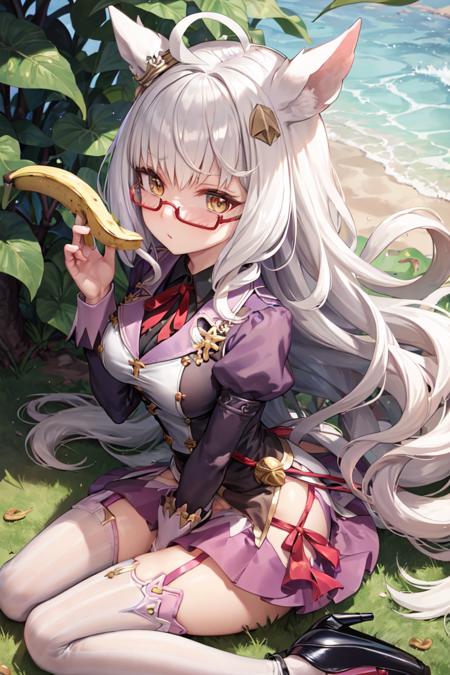 masterpiece, best quality,
biwa hayahide \(umamusume\),
holding banana, banana, banana tree, sitting under tree, wariza, from above,
semi-rimless eyewear, under-rim eyewear, red-framed eyewear, long sleeves, neck ribbon, red ribbon, puffy sleeves, juliet sleeves, buttons, purple shirt, dress, jacket, purple skirt, bell, miniskirt, zettai ryouiki, garter straps, black thighhighs, purple footwear, high heels, 
<lora:biwa_hayahide_locon_1.0:0.6>