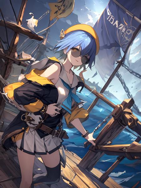 masterpiece,best quality,highres,cinematic lighting,dramatic angle,jail,prison,<lora:ShadowverseBarbarosV1-000030:0.8> ,portrait,wet,sailor collar,bowtie,bare shoulders,white shirt,hat,hair ornament,blue short hair,gardient hair,yellow eyes,belt,pleated skirt,(asymmetrical legwear,single thighhigh:1.1),bird,close-up,straight-on,rain,heavy rain,raindrop,strong wind,wheel,on boat,ship,on ship deck,wooden floor,waves,thunderstorm,aboard ship,sunglasses