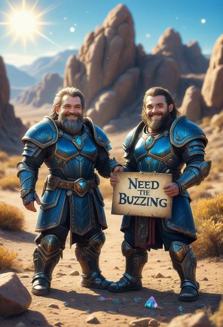 masterpiece, good quality, high detail, 2 halflings standing, 25 years old, standing slenderly, 2 dwarves holding 1 sign with the inscription "need buzz", holding the sign between them, dark blue fantasy armor, smiling, prairie, rocky desert, day, soft sunlight, the smallest details of crystals, cinematic lighting, depth of field, bright colors, 8k, uhd, masterpiece, hdr, highest resolution, absurdities.